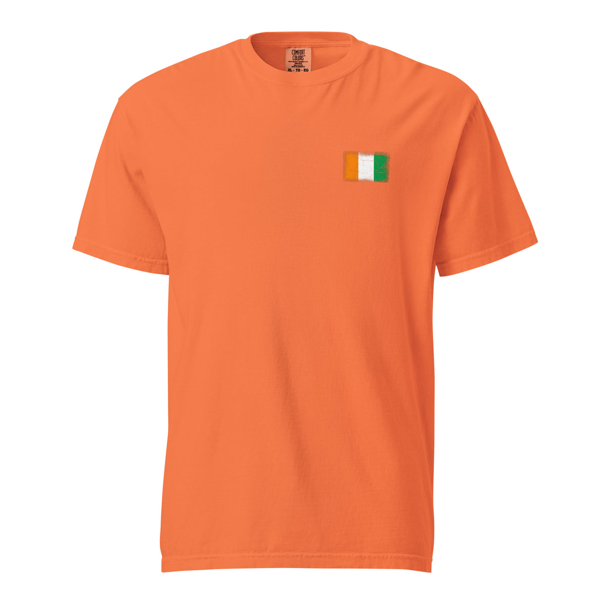 Côte d'Ivoire flag t-shirt in Burnt Orange, vintage-washed print, small flag on the left chest, unisex cut, front view