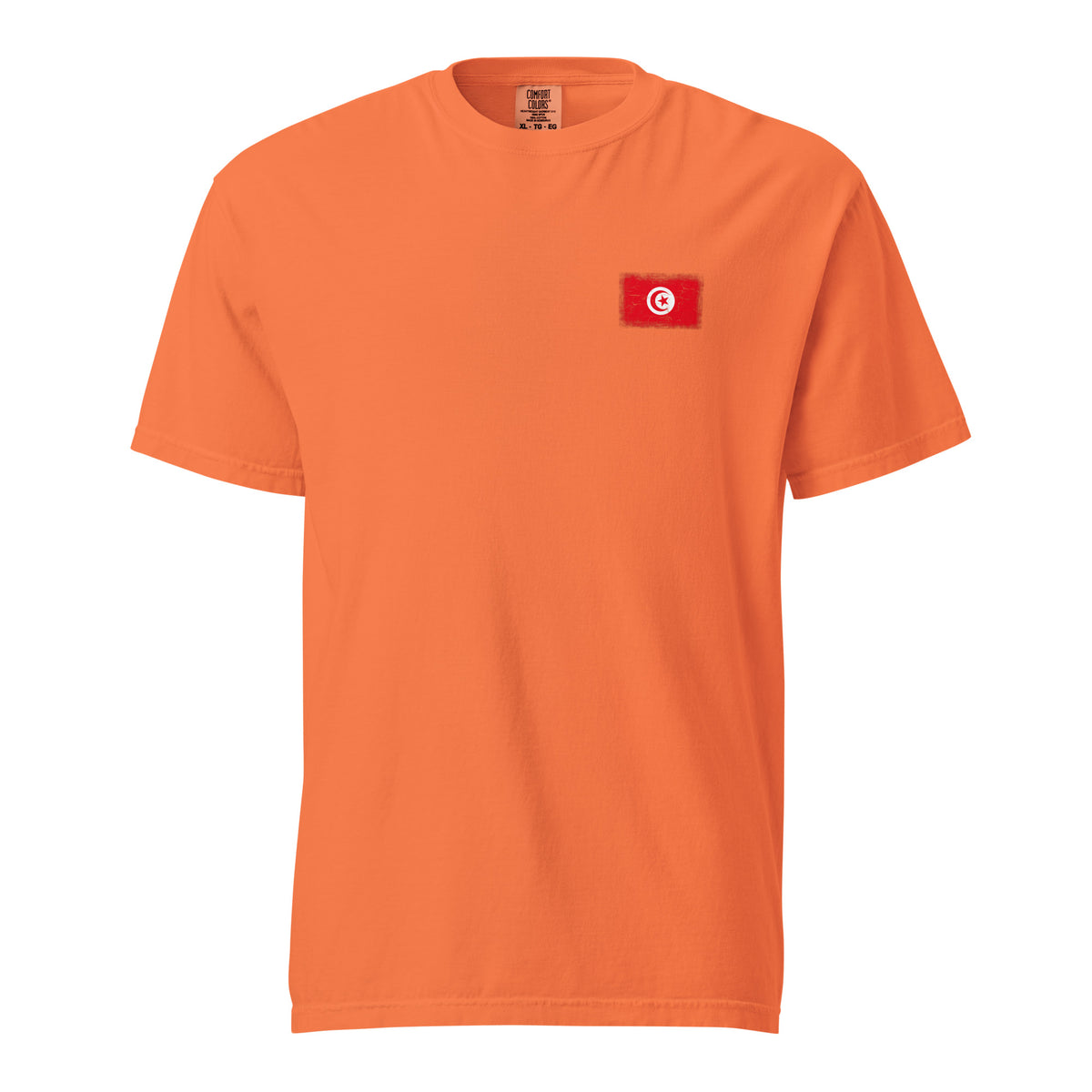 Tunisia flag t-shirt in Burnt Orange, vintage-washed print, small flag on the left chest, unisex cut, front view