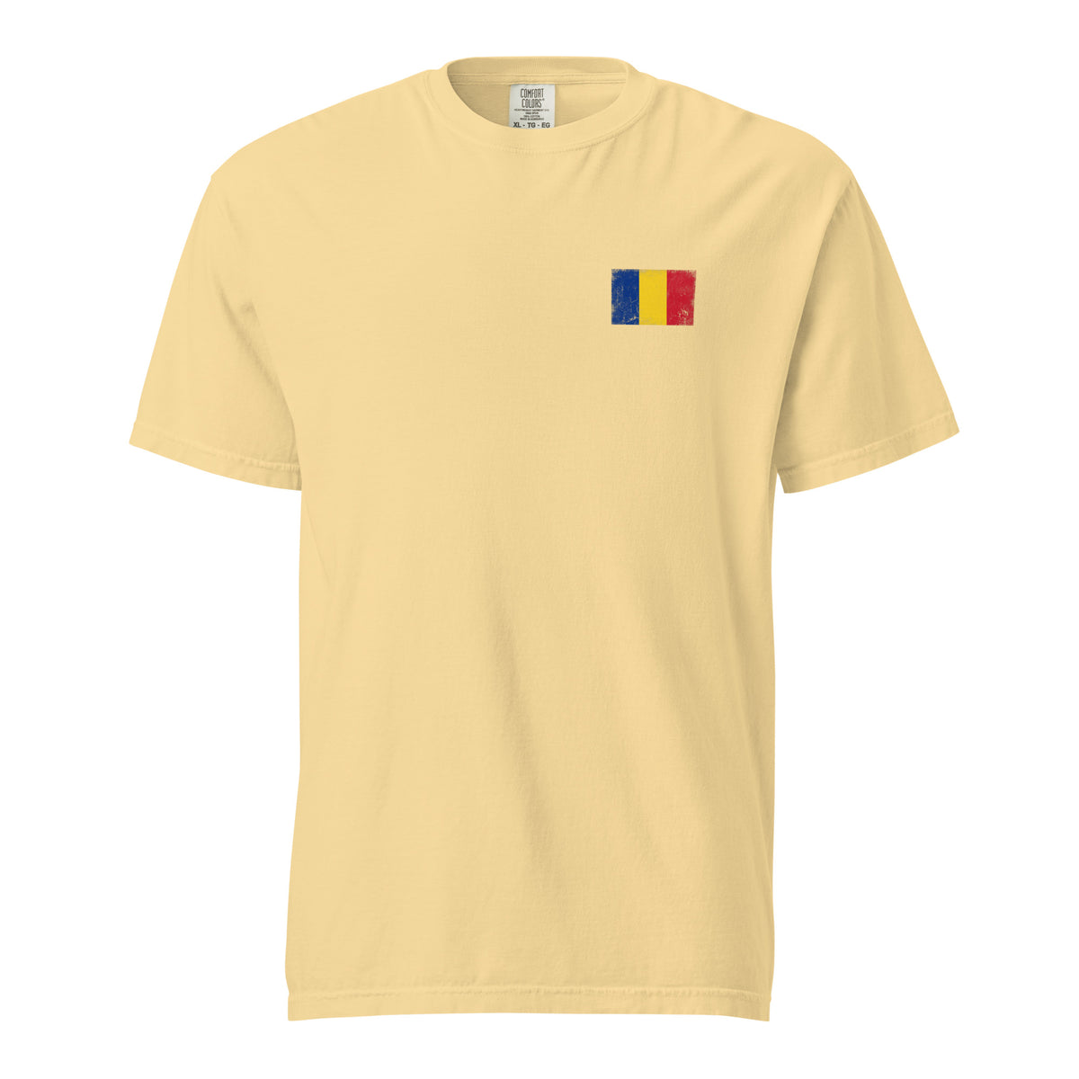 Romania flag t-shirt in Butter, vintage-washed print, small flag on the left chest, unisex cut, front view