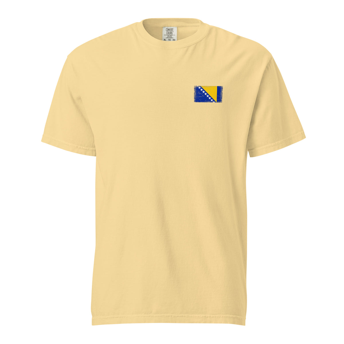 Bosnia and Herzegovina flag t-shirt in Butter, vintage-washed print, small flag on the left chest, unisex cut, front view