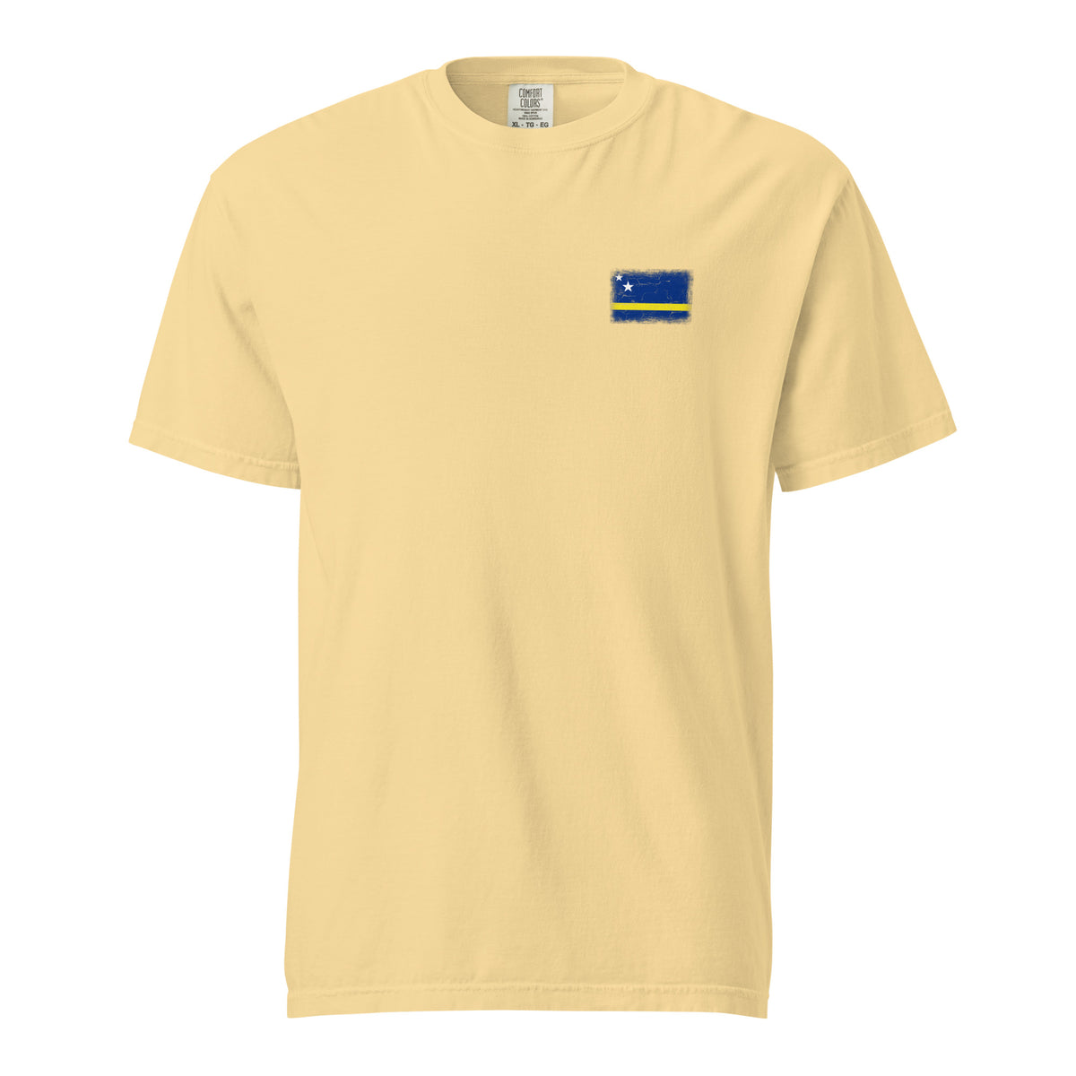 Curaçao flag t-shirt in Butter, vintage-washed print, small flag on the left chest, unisex cut, front view