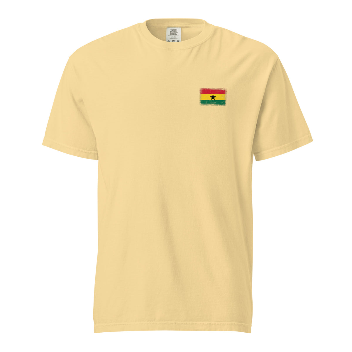 Ghana flag t-shirt in Butter, vintage-washed print, small flag on the left chest, unisex cut, front view