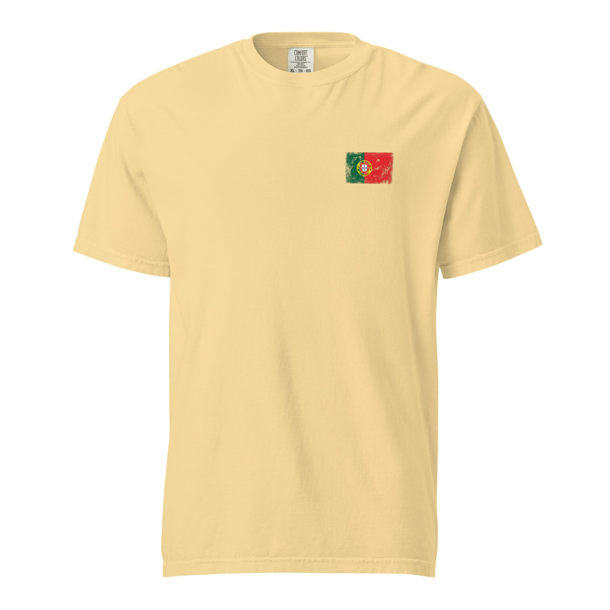 Portugal flag t-shirt in Butter, vintage-washed print, small flag on the left chest, unisex cut, front view