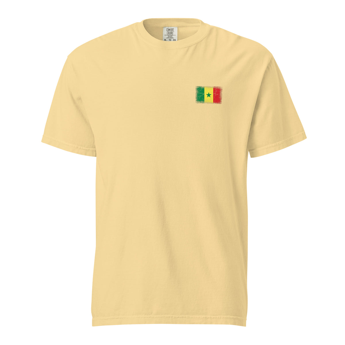 Senegal flag t-shirt in Butter, vintage-washed print, small flag on the left chest, unisex cut, front view