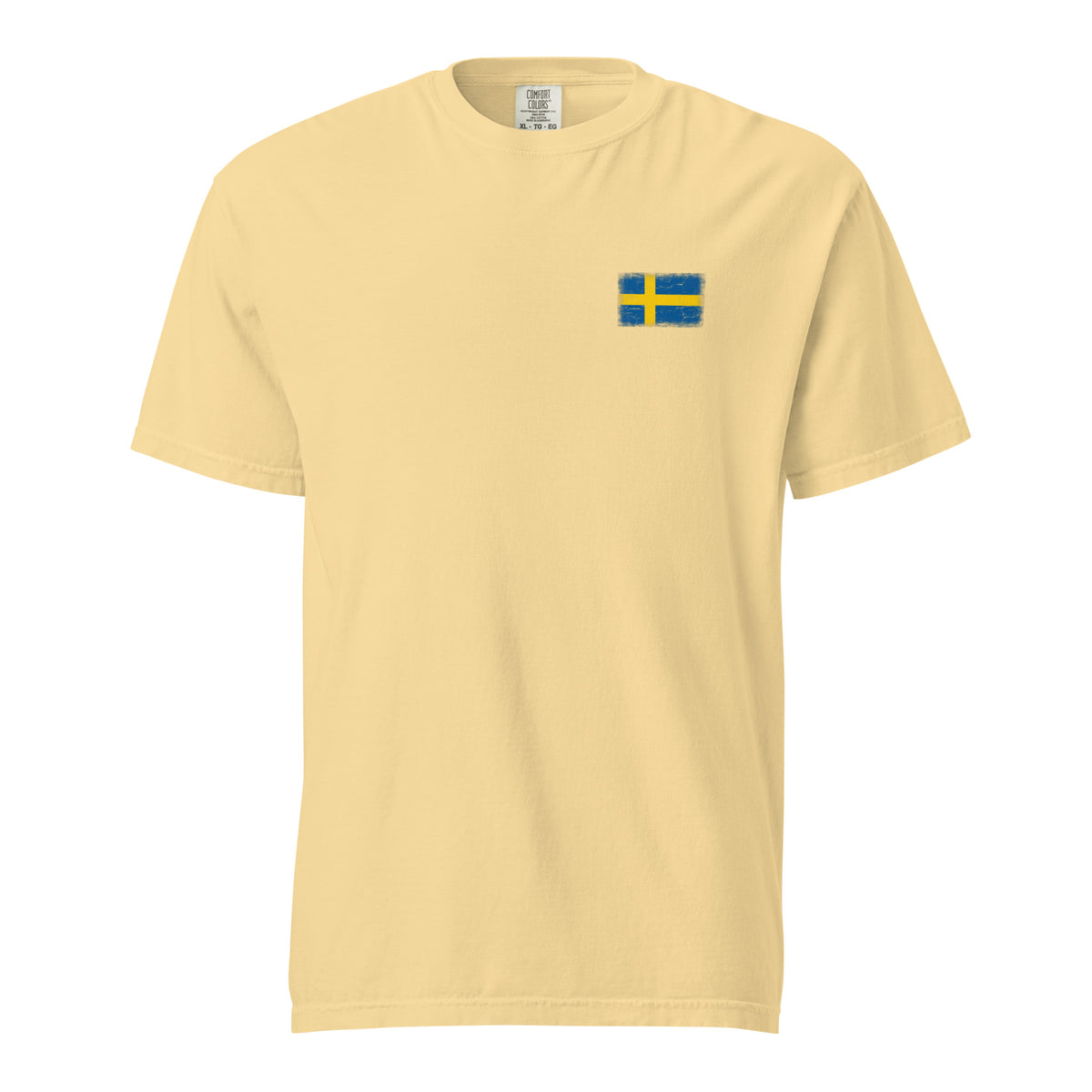 Sweden flag t-shirt in Butter, vintage-washed print, small flag on the left chest, unisex cut, front view