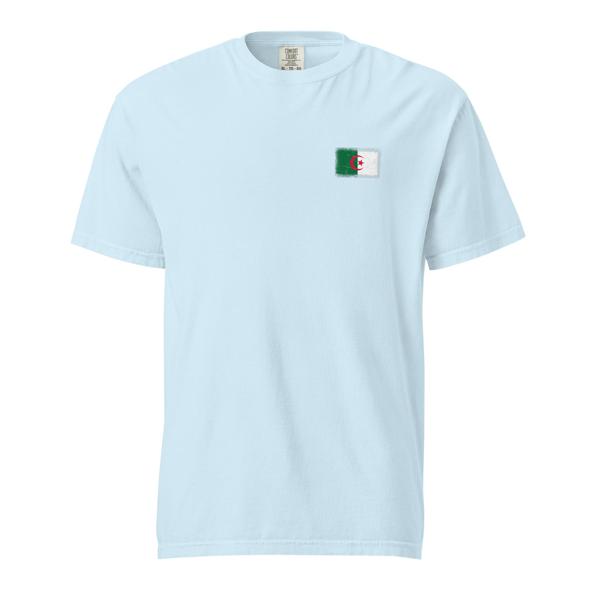 Algeria flag t-shirt in Chambray, vintage-washed print, small flag on the left chest, unisex cut, front view