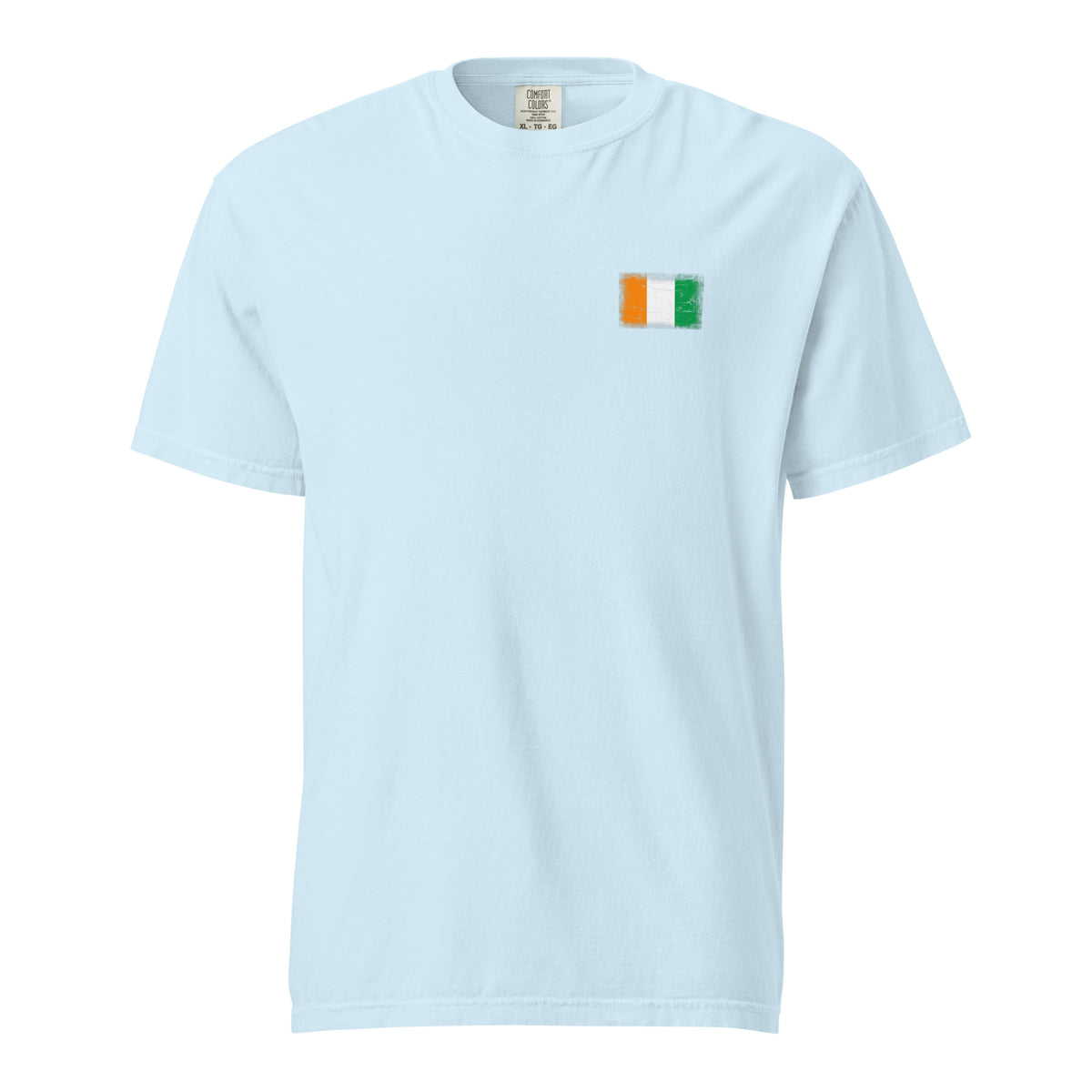 Côte d'Ivoire flag t-shirt in Chambray, vintage-washed print, small flag on the left chest, unisex cut, front view