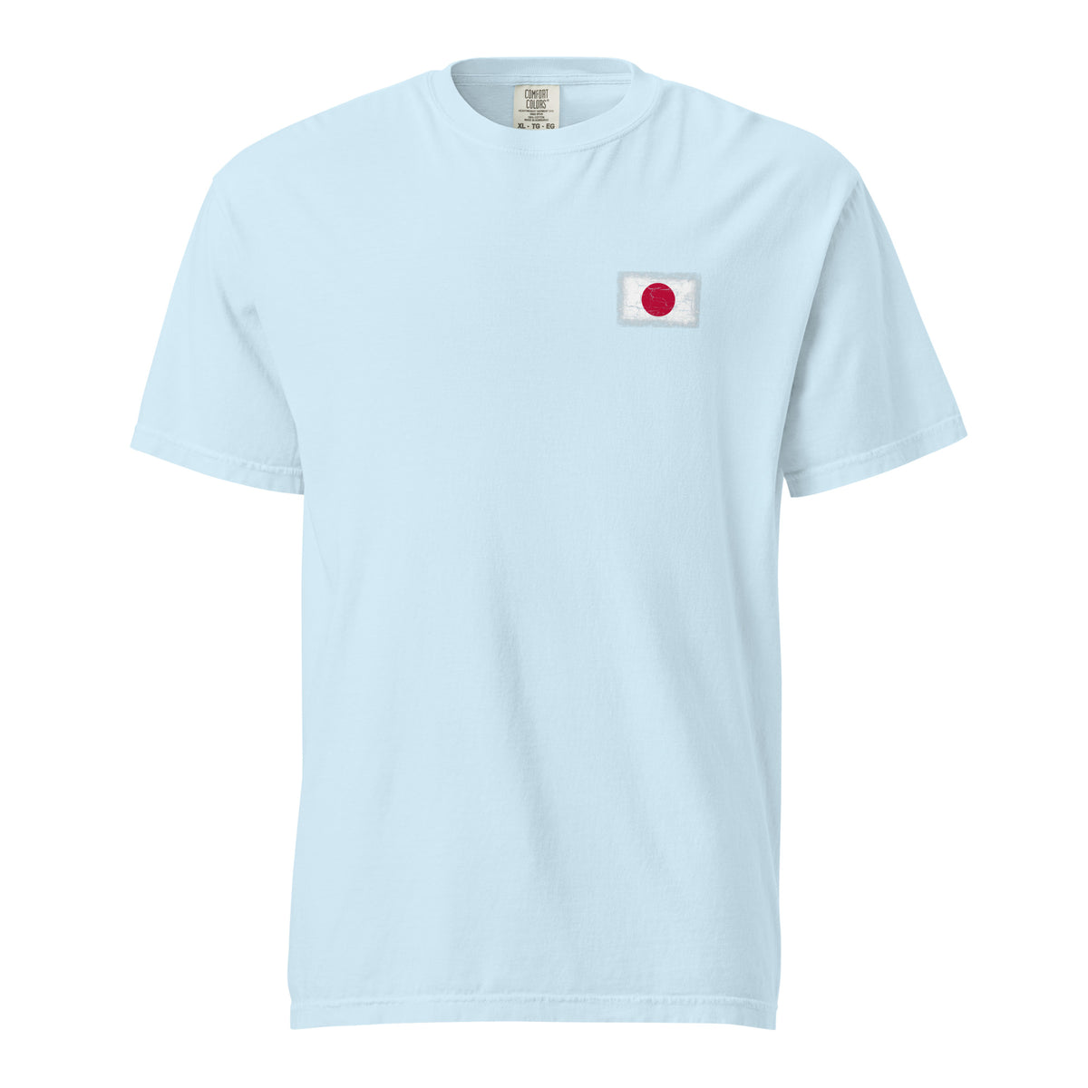Japan flag t-shirt in Chambray, vintage-washed print, small flag on the left chest, unisex cut, front view