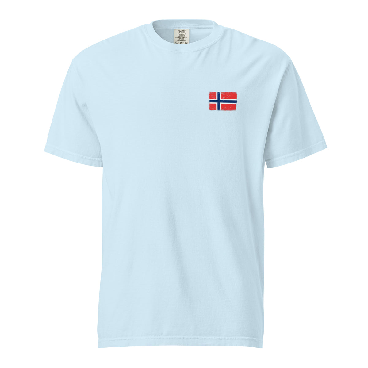 Norway flag t-shirt in Chambray, vintage-washed print, small flag on the left chest, unisex cut, front view