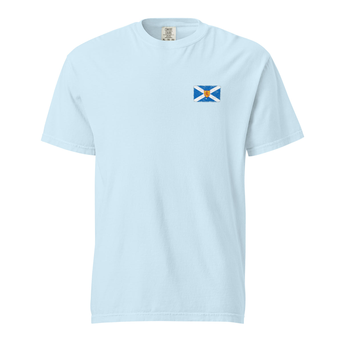Scotland flag t-shirt in Chambray, vintage-washed print, small flag on the left chest, unisex cut, front view
