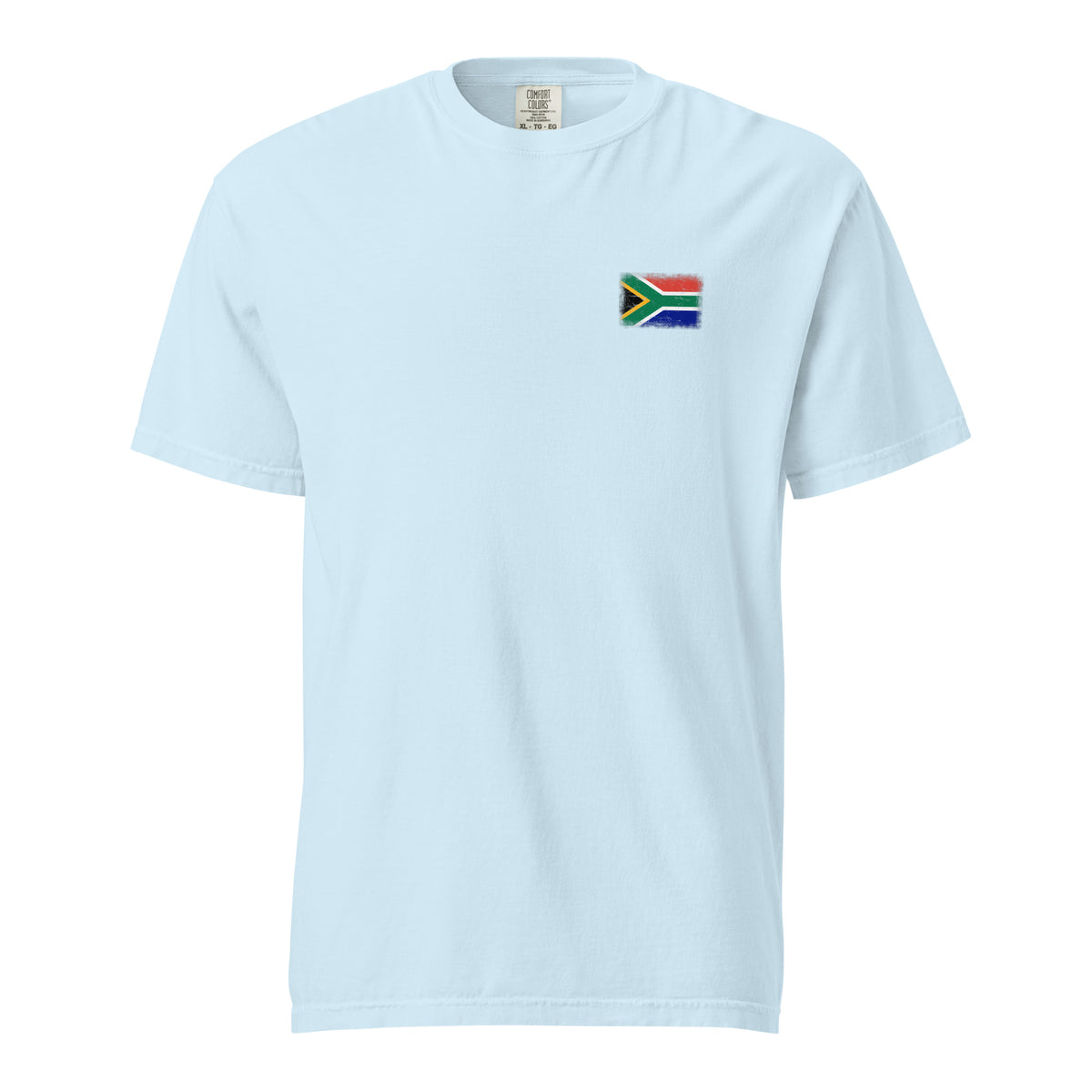 South Africa flag t-shirt in Chambray, vintage-washed print, small flag on the left chest, unisex cut, front view