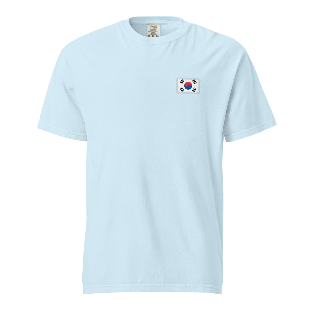 South Korea flag t-shirt in Chambray, vintage-washed print, small flag on the left chest, unisex cut, front view