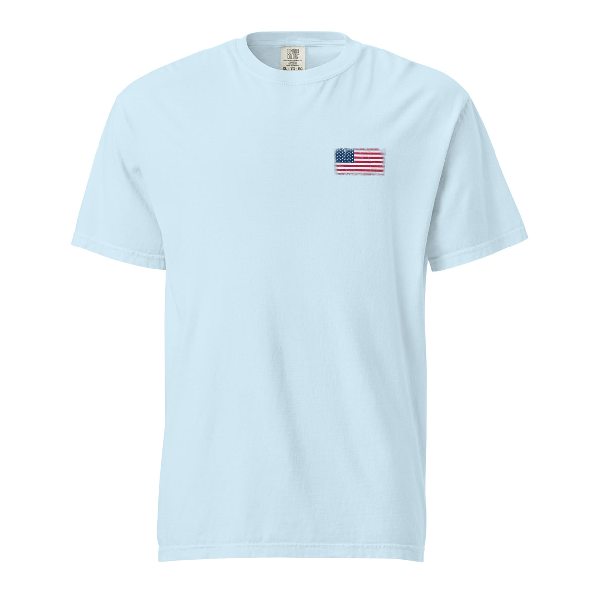 USA flag t-shirt in Chambray, vintage-washed print, small flag on the left chest, unisex cut, front view