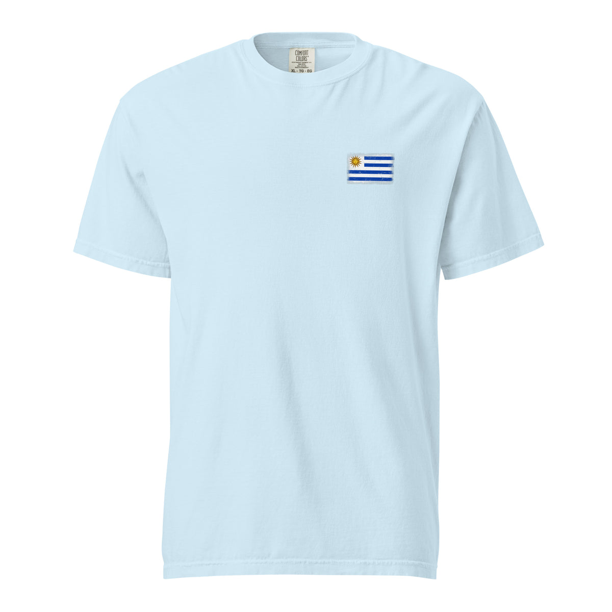 Uruguay flag t-shirt in Chambray, vintage-washed print, small flag on the left chest, unisex cut, front view
