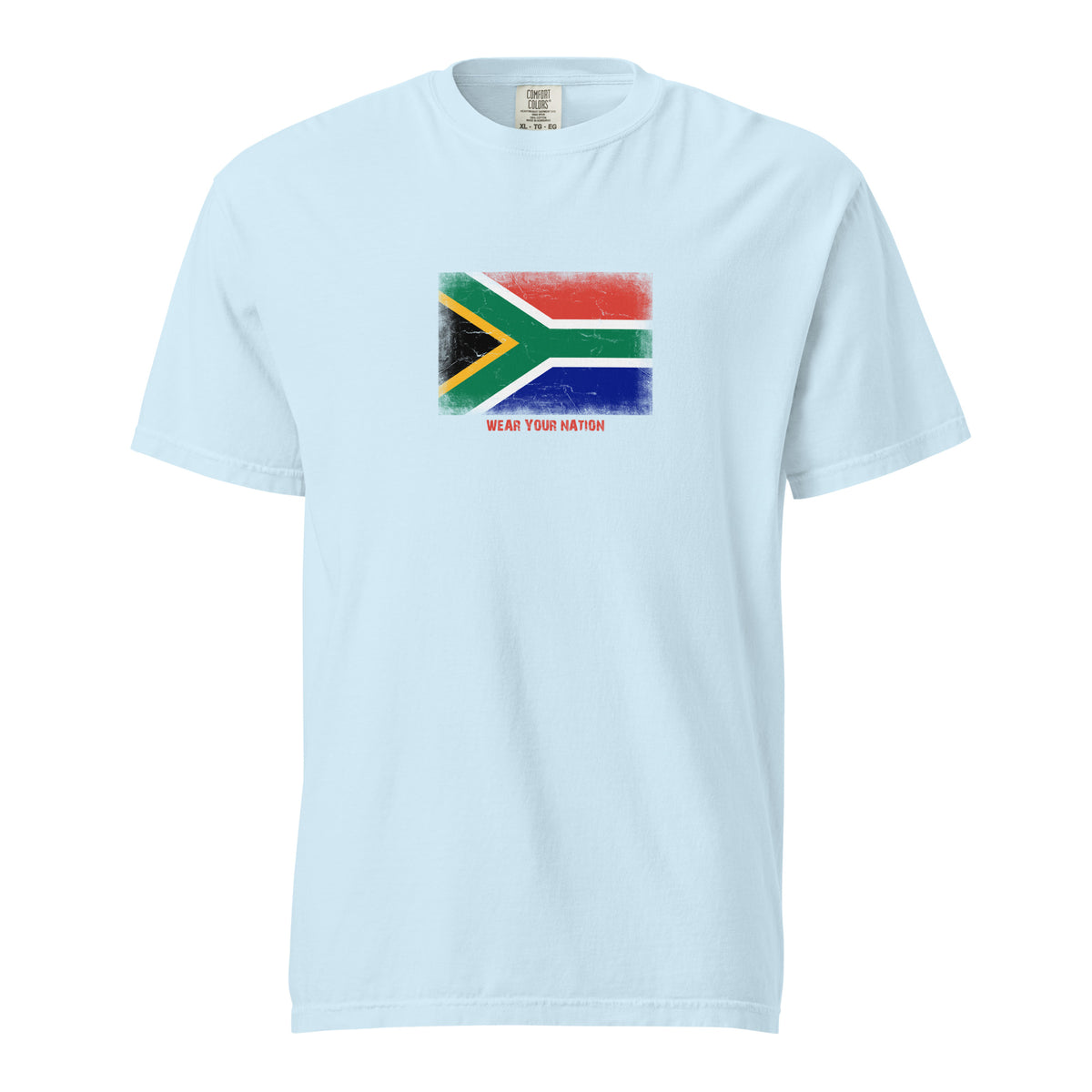 South Africa flag t-shirt in Chambray, vintage-washed print, large flag on the chest, unisex cut, front view