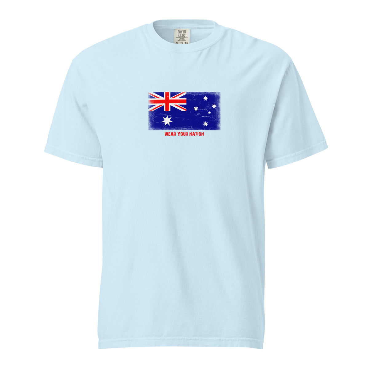 Australia flag t-shirt in Chambray, vintage-washed print, large flag on the chest, unisex cut, front view