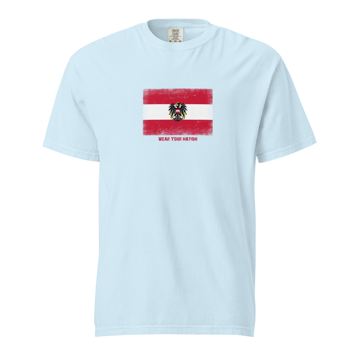 Austria flag t-shirt in Chambray, vintage-washed print, large flag on the chest, unisex cut, front view