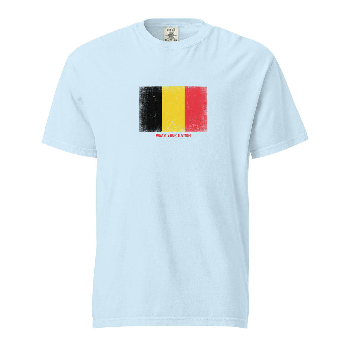 Belgium flag t-shirt in Chambray, vintage-washed print, large flag on the chest, unisex cut, front view