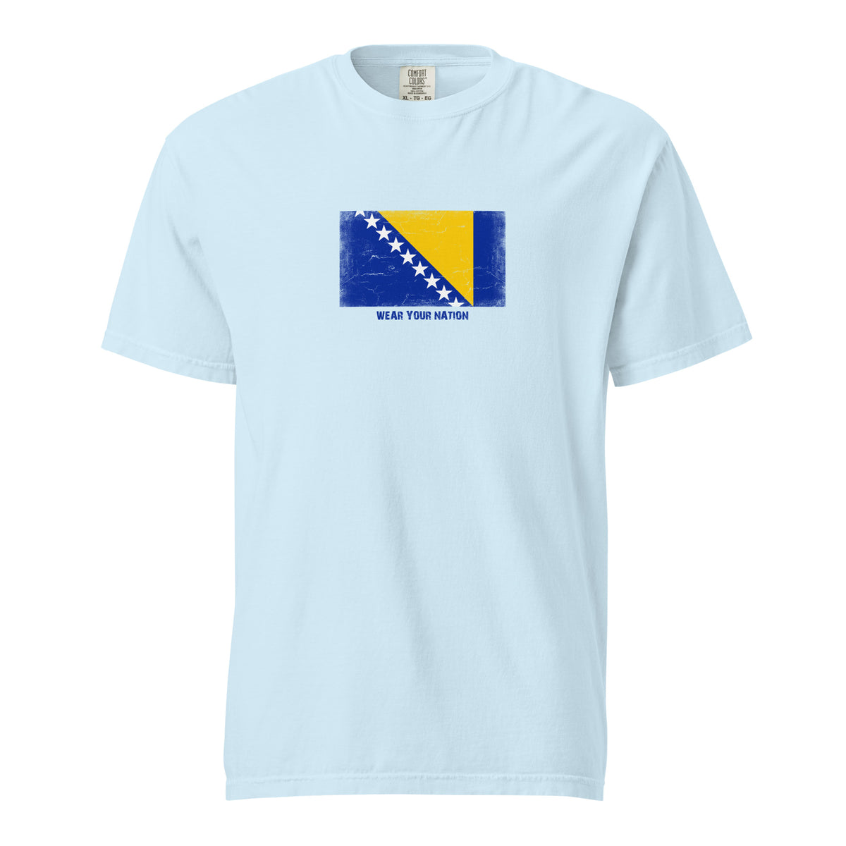 Bosnia and Herzegovina flag t-shirt in Chambray, vintage-washed print, large flag on the chest, unisex cut, front view