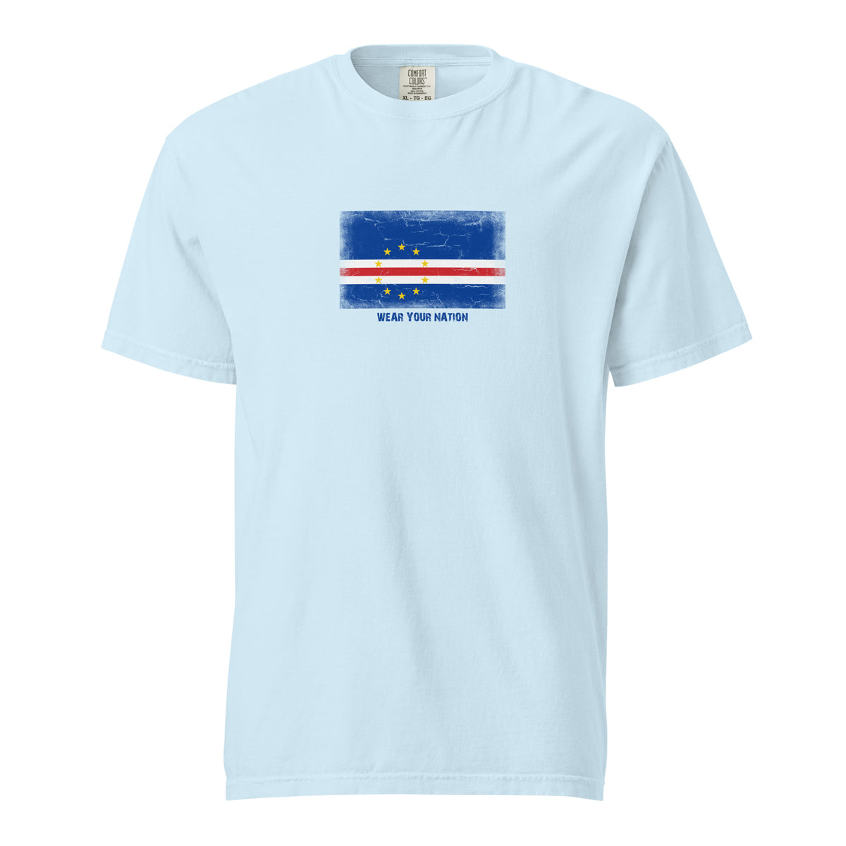 Cape Verde flag t-shirt in Chambray, vintage-washed print, large flag on the chest, unisex cut, front view