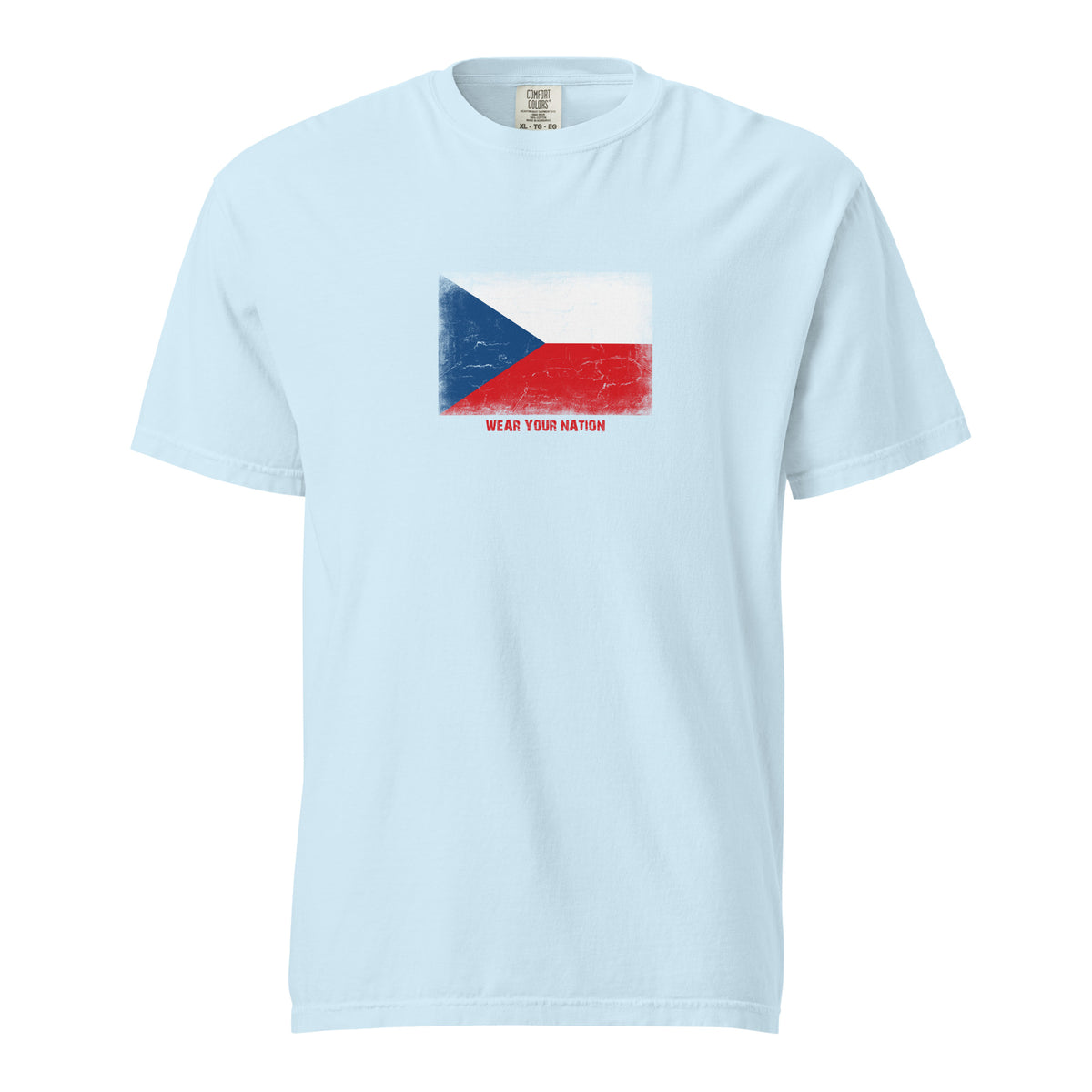 Czechia flag t-shirt in Chambray, vintage-washed print, large flag on the chest, unisex cut, front view