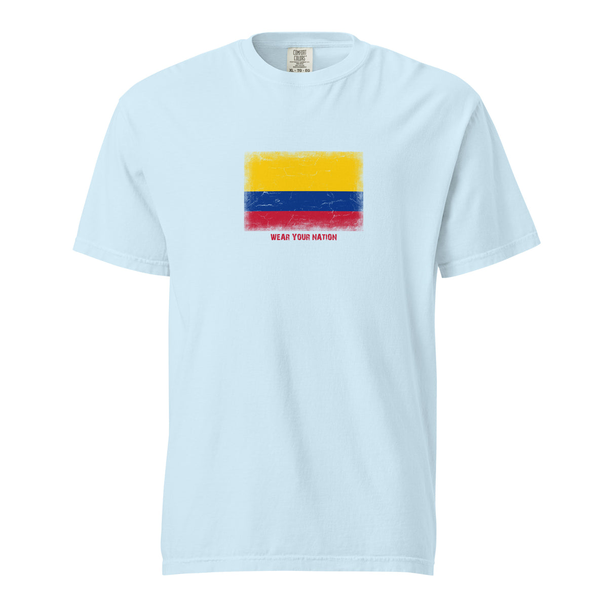 Colombia flag t-shirt in Chambray, vintage-washed print, large flag on the chest, unisex cut, front view