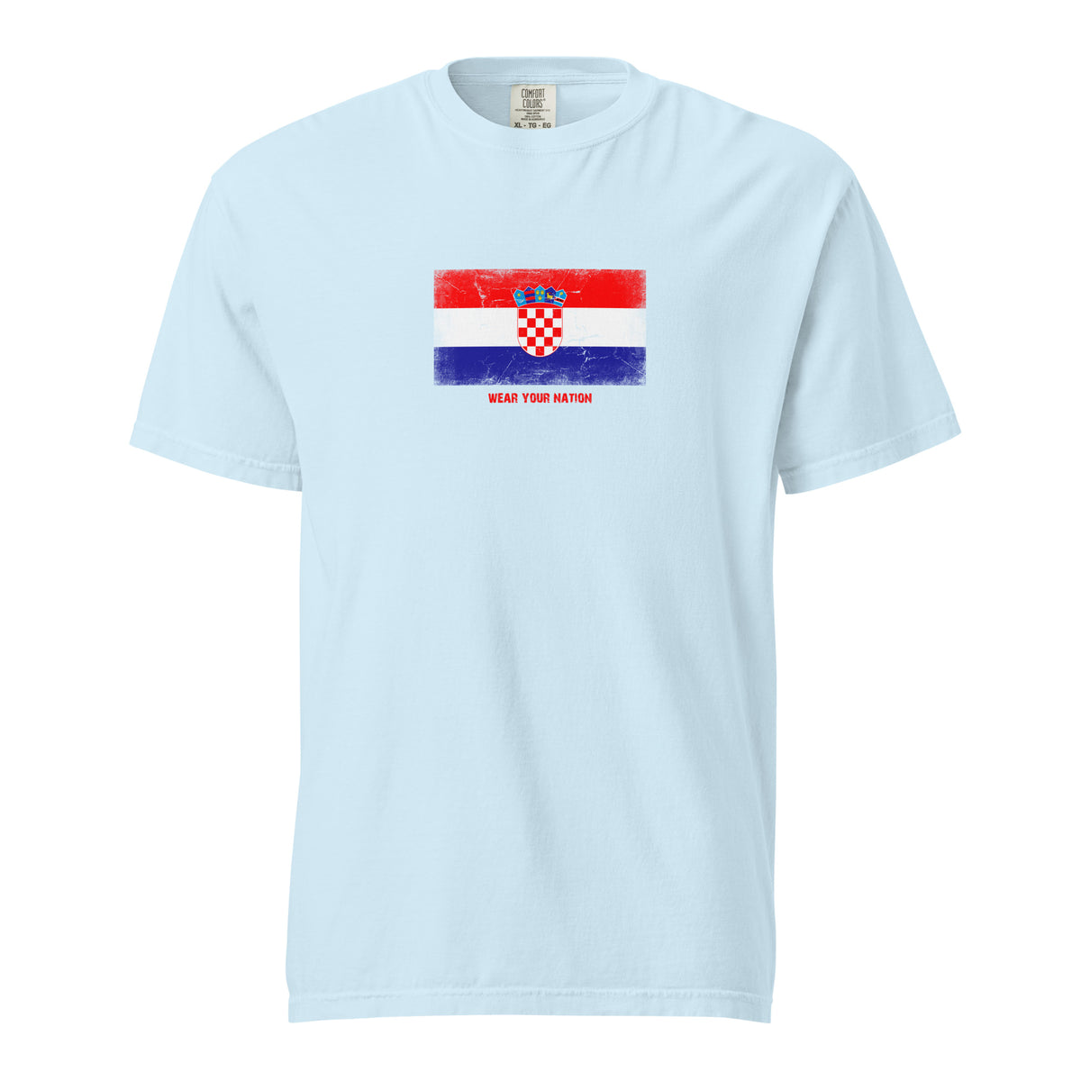 Croatia flag t-shirt in Chambray, vintage-washed print, large flag on the chest, unisex cut, front view