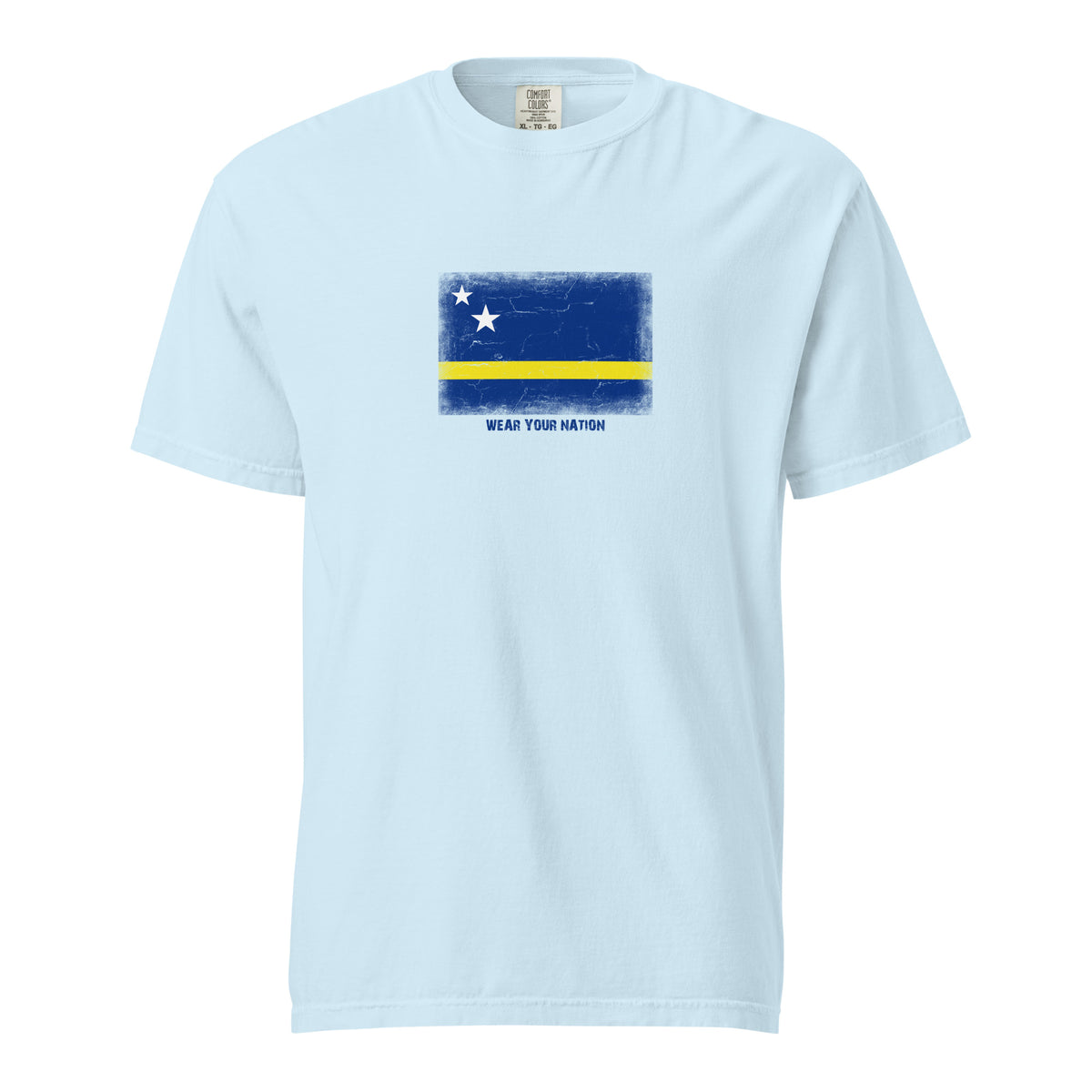 Curaçao flag t-shirt in Chambray, vintage-washed print, large flag on the chest, unisex cut, front view