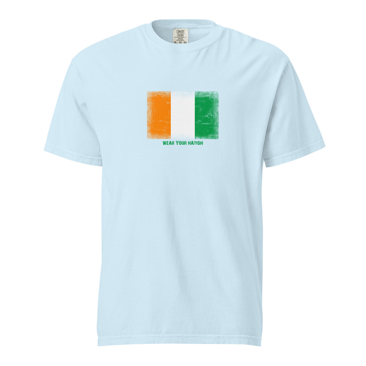 Côte d'Ivoire flag t-shirt in Chambray, vintage-washed print, large flag on the chest, unisex cut, front view