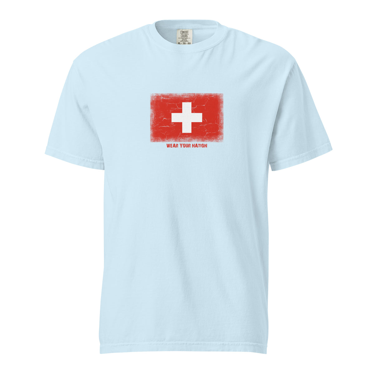 Switzerland flag t-shirt in Chambray, vintage-washed print, large flag on the chest, unisex cut, front view