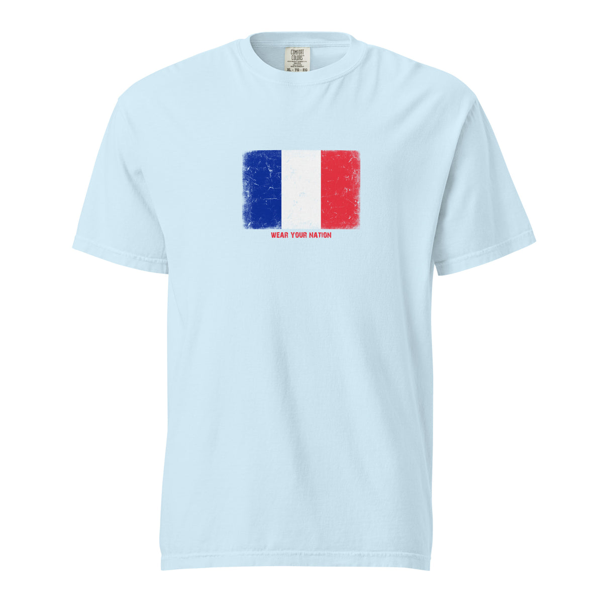 France flag t-shirt in Chambray, vintage-washed print, large flag on the chest, unisex cut, front view
