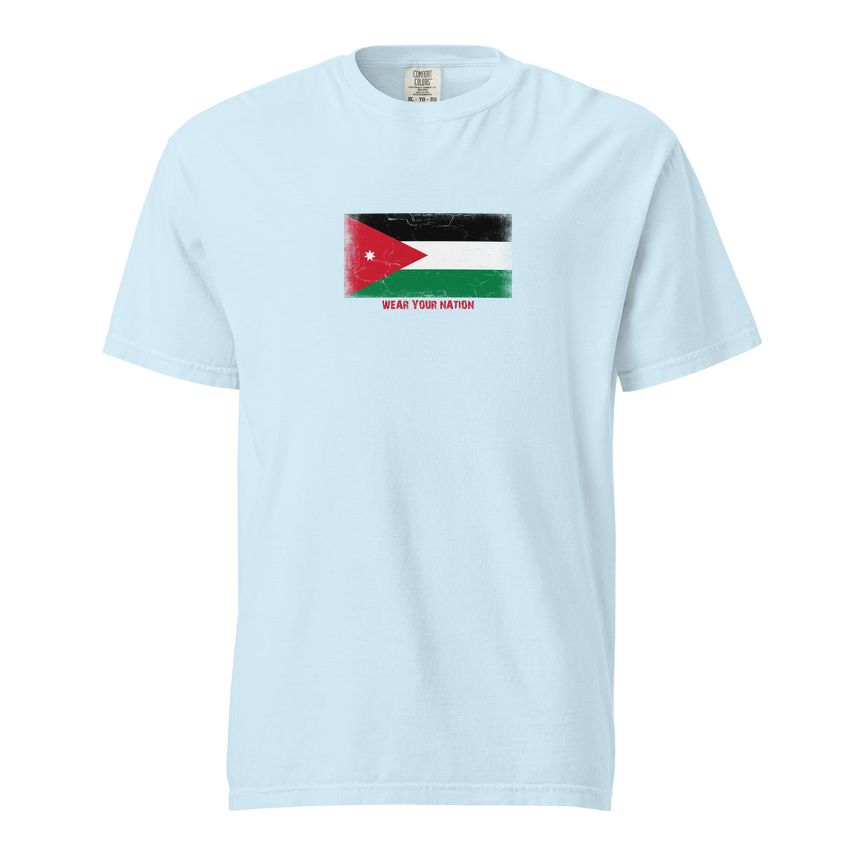 Jordan flag t-shirt in Chambray, vintage-washed print, large flag on the chest, unisex cut, front view