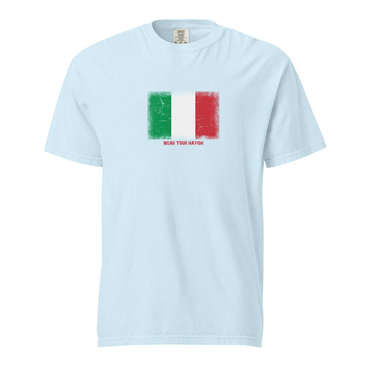 Italy flag t-shirt in Chambray, vintage-washed print, large flag on the chest, unisex cut, front view