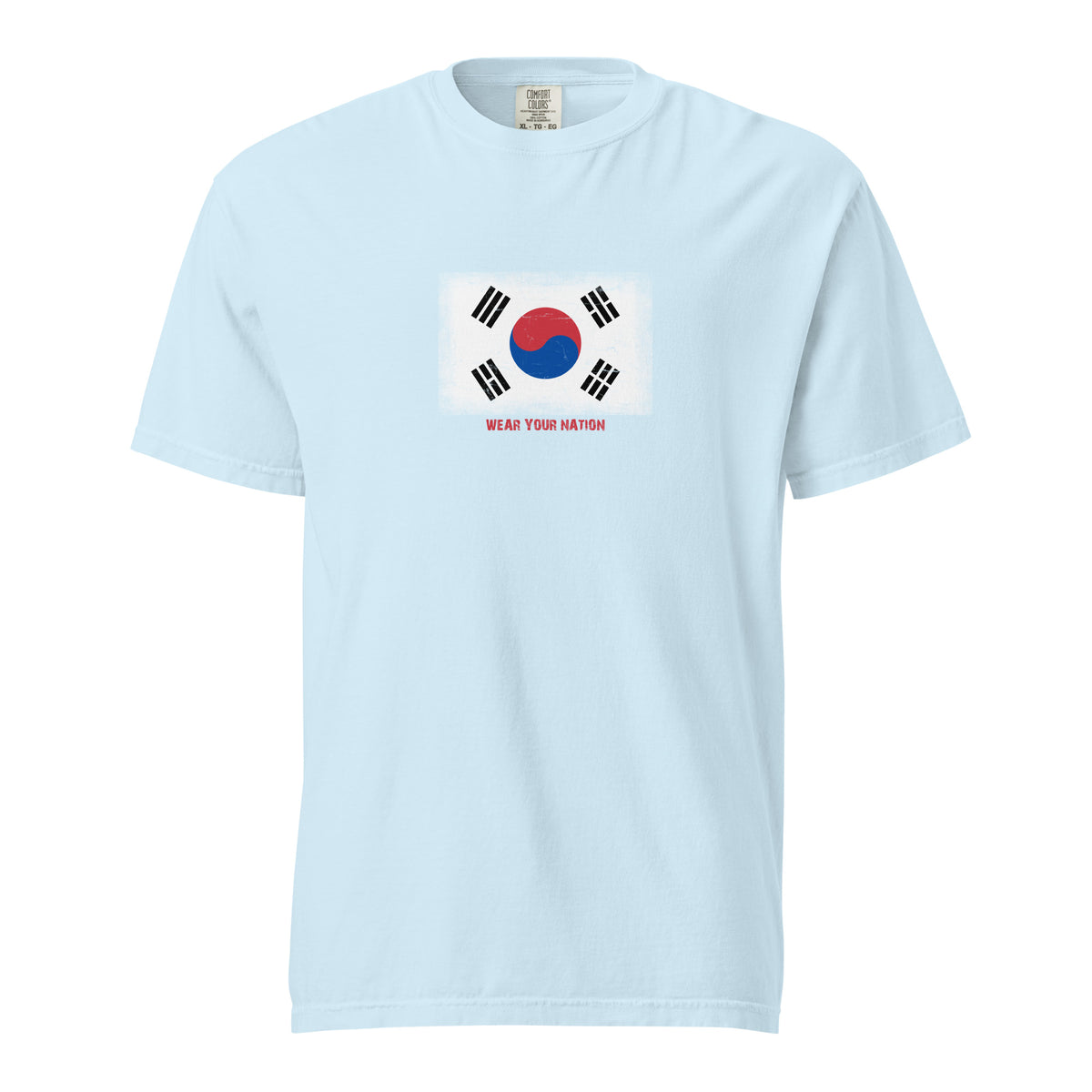 South Korea flag t-shirt in Chambray, vintage-washed print, large flag on the chest, unisex cut, front view