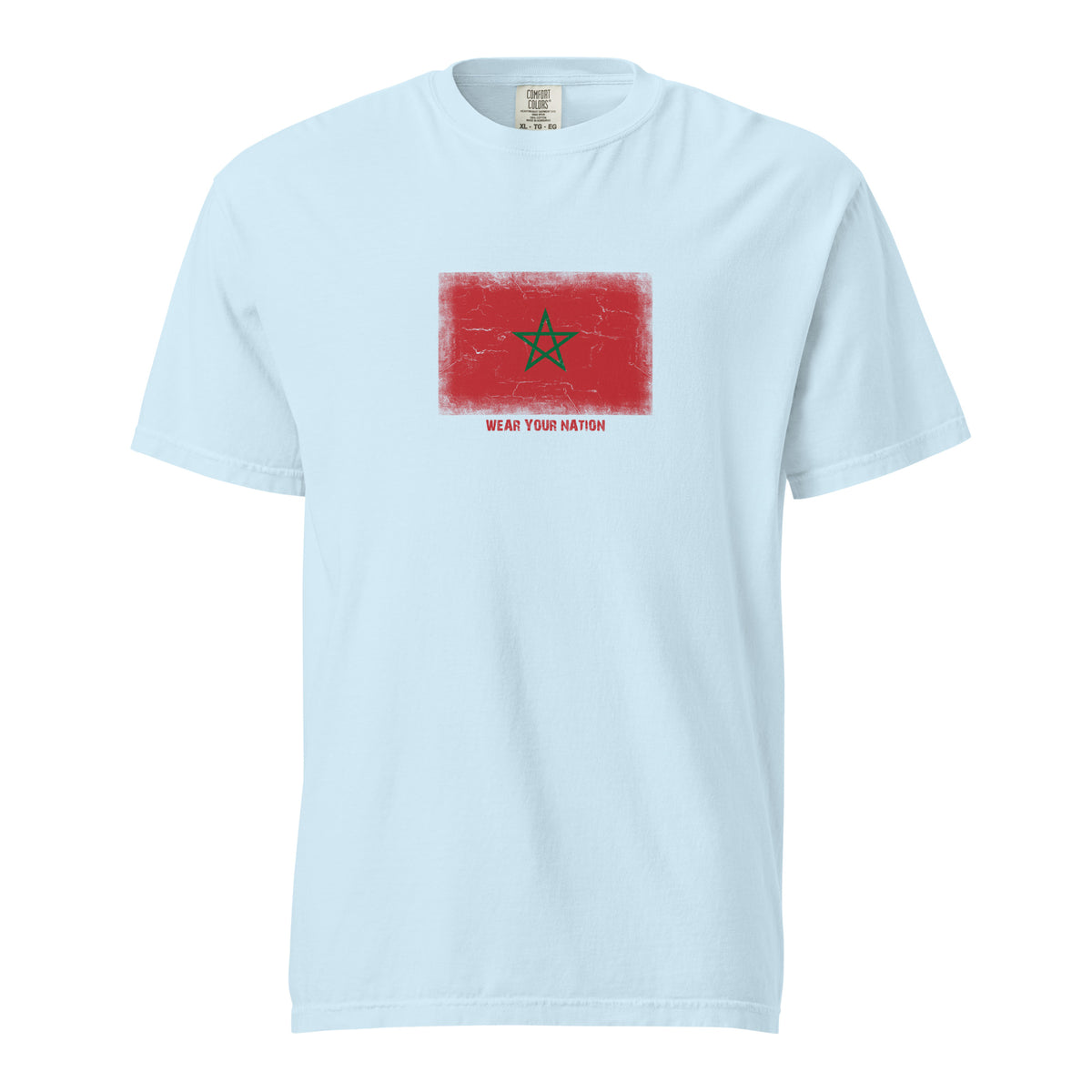 Morocco flag t-shirt in Chambray, vintage-washed print, large flag on the chest, unisex cut, front view
