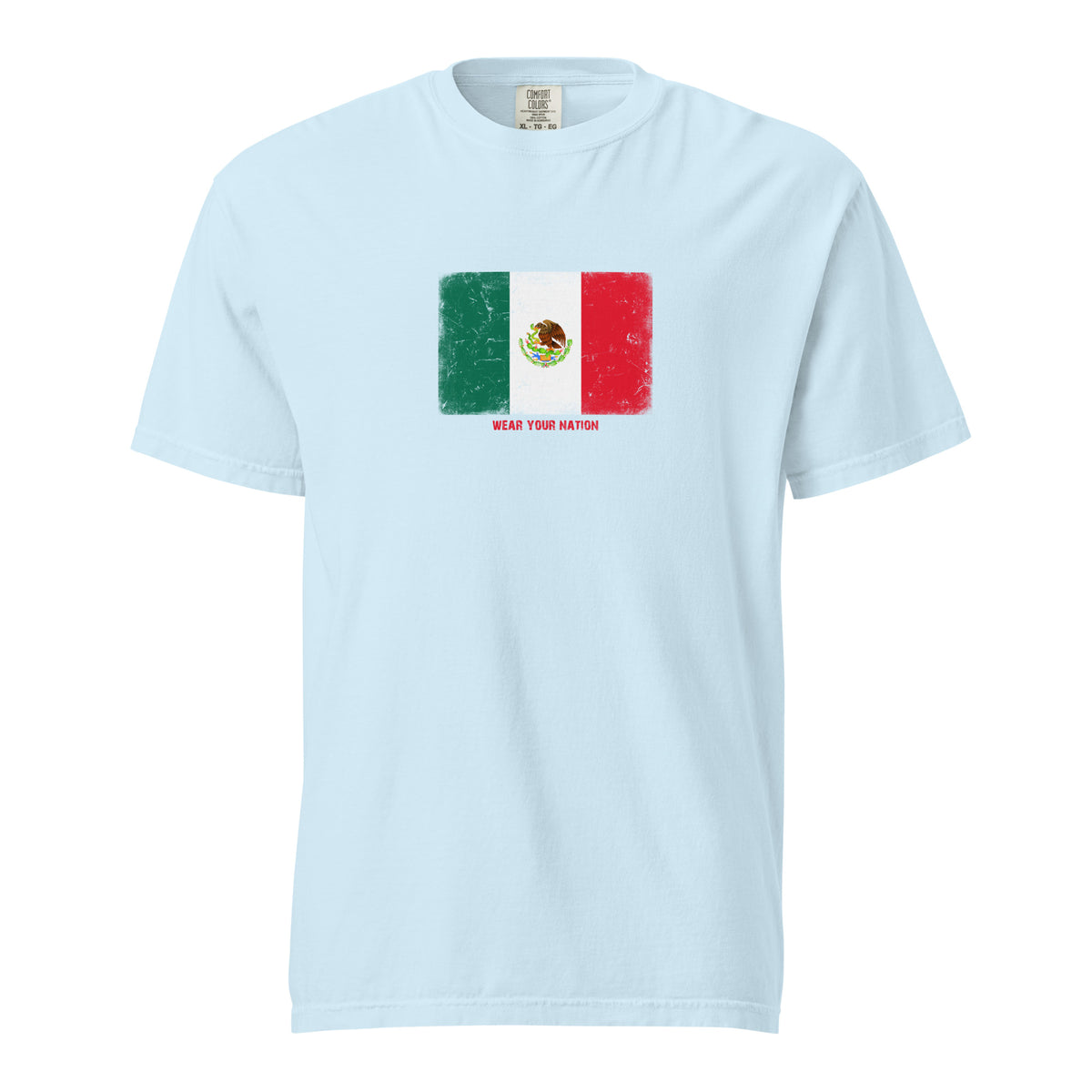 Mexico flag t-shirt in Chambray, vintage-washed print, large flag on the chest, unisex cut, front view