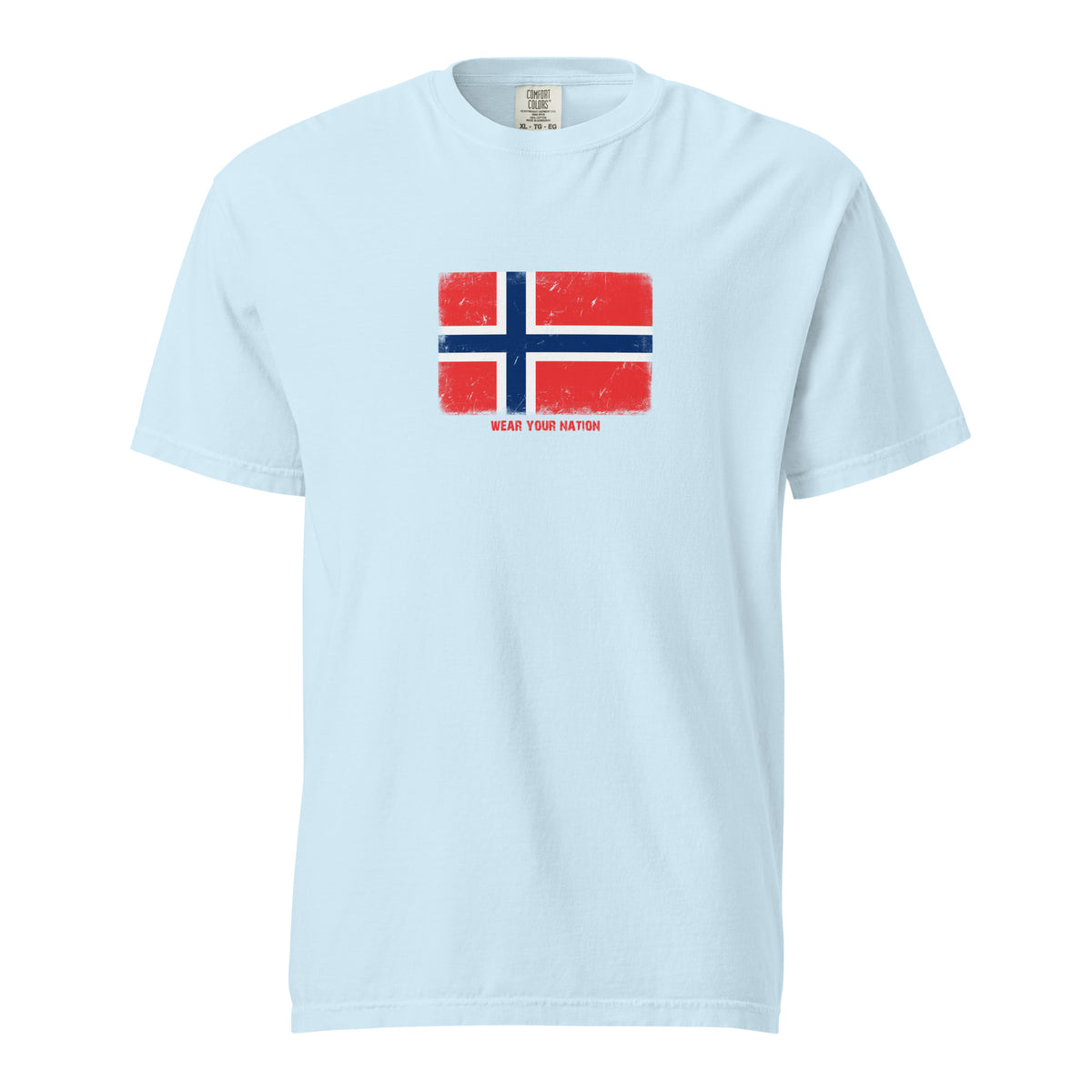 Norway flag t-shirt in Chambray, vintage-washed print, large flag on the chest, unisex cut, front view