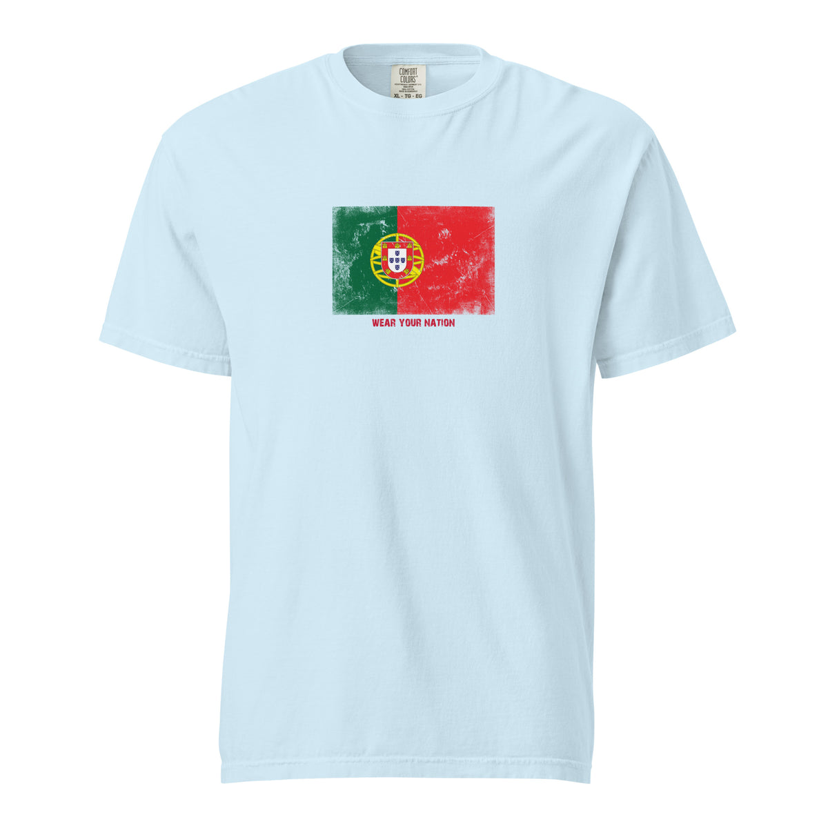 Portugal flag t-shirt in Chambray, vintage-washed print, large flag on the chest, unisex cut, front view