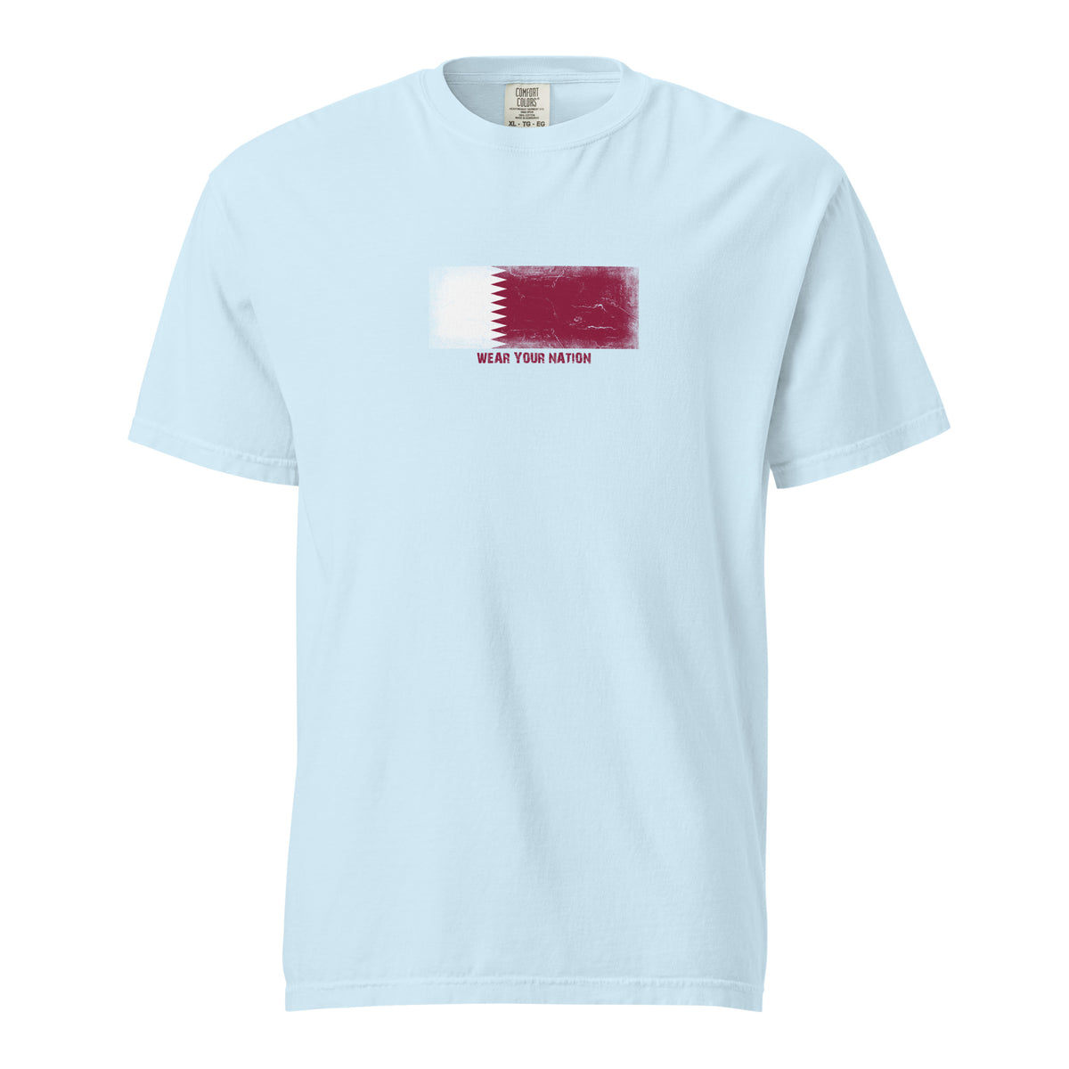 Qatar flag t-shirt in Chambray, vintage-washed print, large flag on the chest, unisex cut, front view
