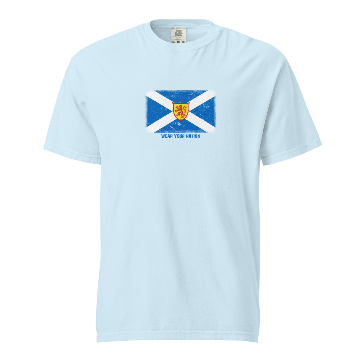 Scotland flag t-shirt in Chambray, vintage-washed print, large flag on the chest, unisex cut, front view
