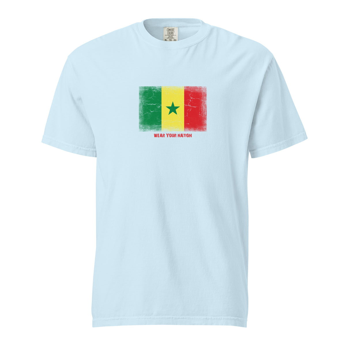 Senegal flag t-shirt in Chambray, vintage-washed print, large flag on the chest, unisex cut, front view