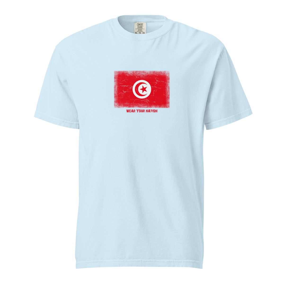 Tunisia flag t-shirt in Chambray, vintage-washed print, large flag on the chest, unisex cut, front view