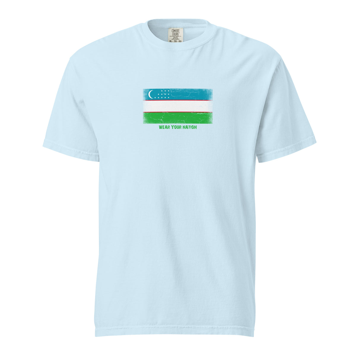 Uzbekistan flag t-shirt in Chambray, vintage-washed print, large flag on the chest, unisex cut, front view
