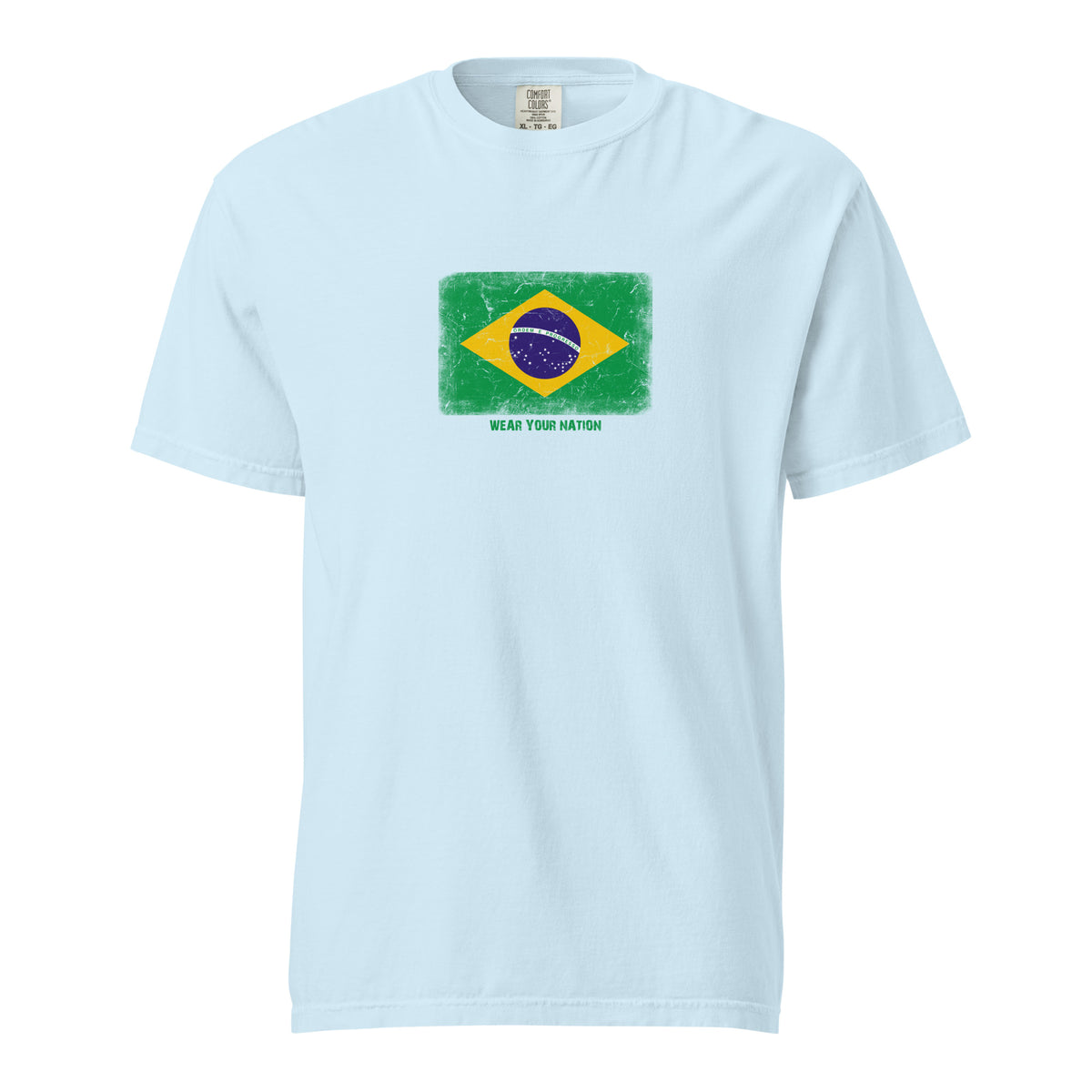 Brasil flag t-shirt in Chambray, vintage-washed print, large flag on the chest, unisex cut, front view
