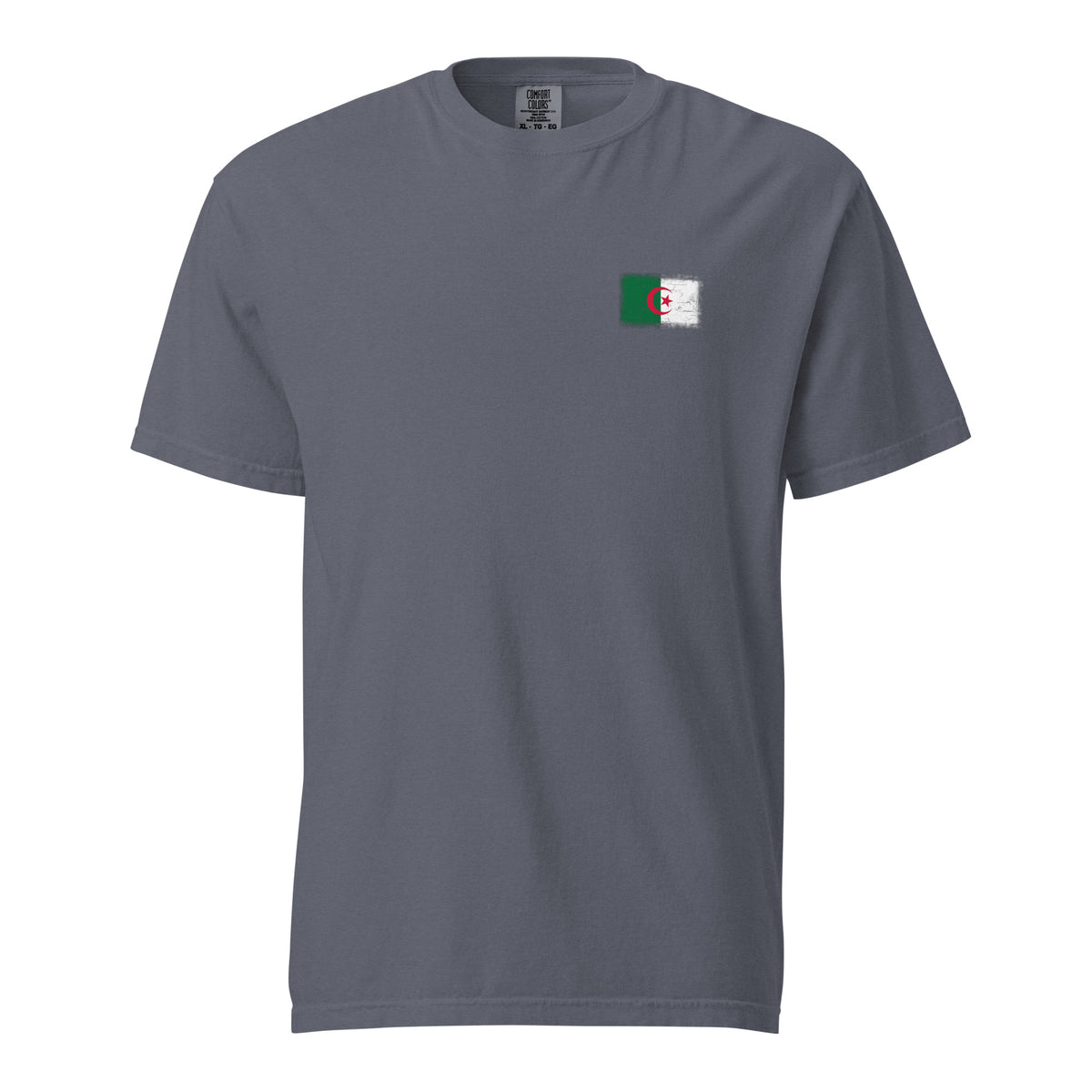 Algeria flag t-shirt in Denim, vintage-washed print, small flag on the left chest, unisex cut, front view