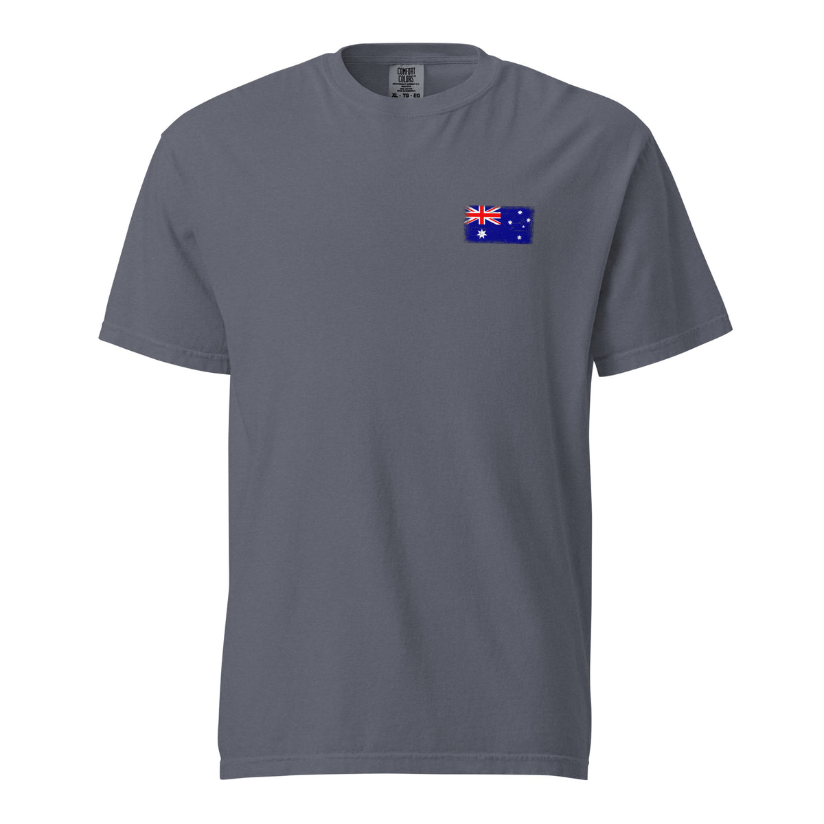 Australia flag t-shirt in Denim, vintage-washed print, small flag on the left chest, unisex cut, front view