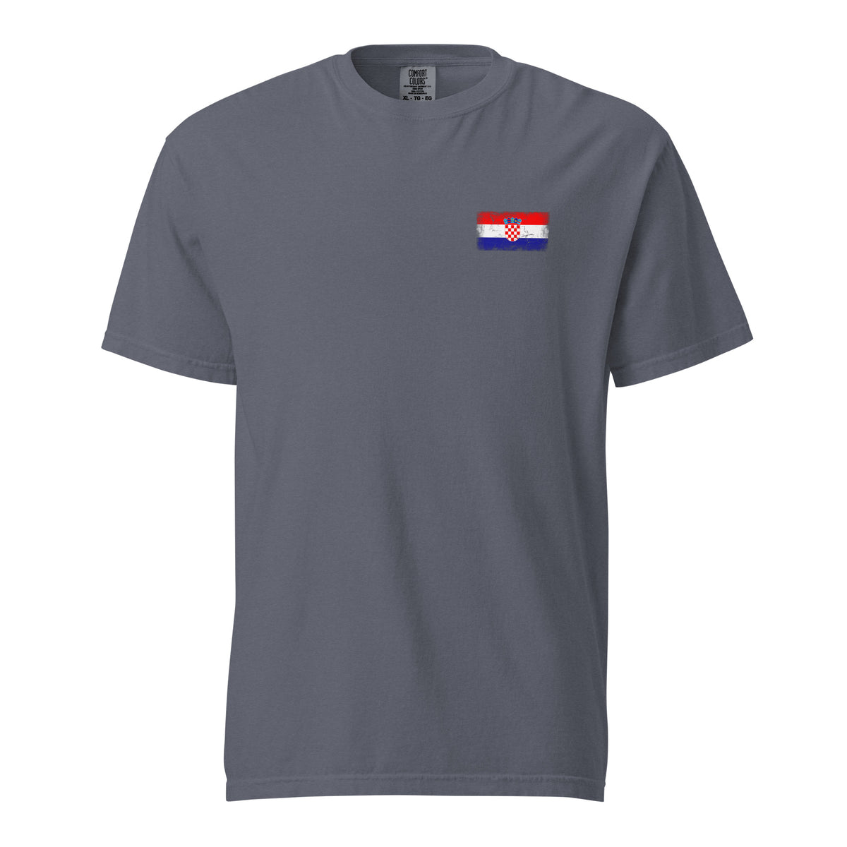 Croatia flag t-shirt in Denim, vintage-washed print, small flag on the left chest, unisex cut, front view