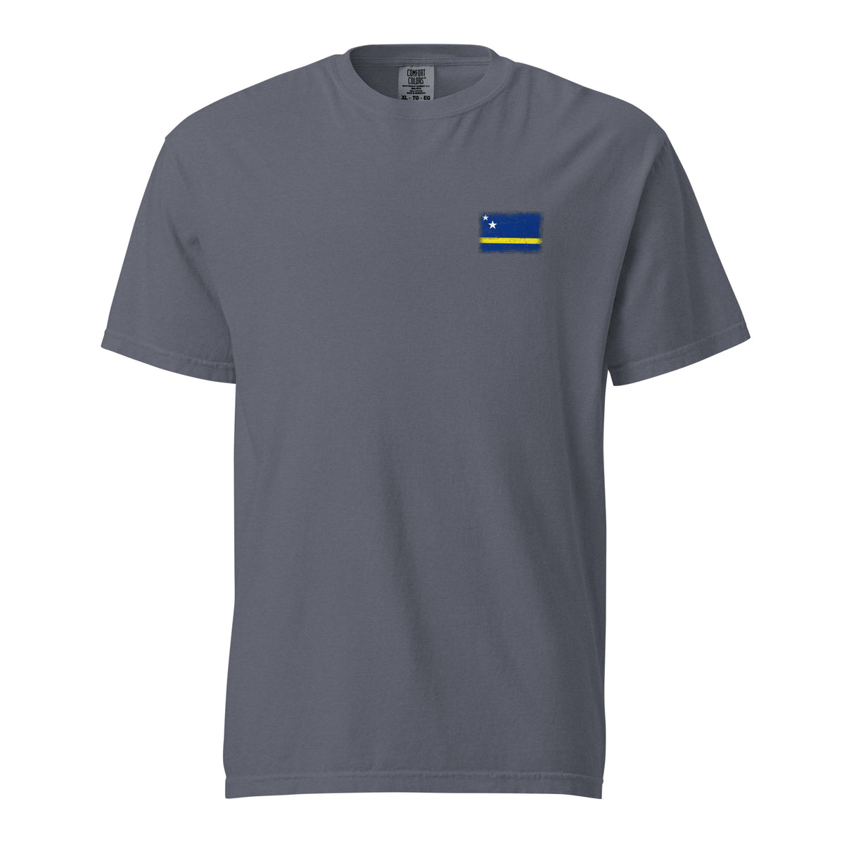 Curaçao flag t-shirt in Denim, vintage-washed print, small flag on the left chest, unisex cut, front view