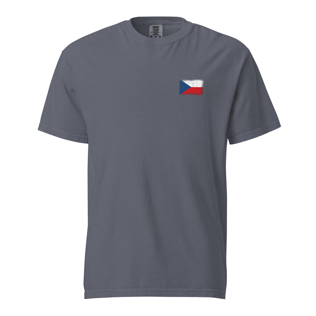 Czechia flag t-shirt in Denim, vintage-washed print, small flag on the left chest, unisex cut, front view