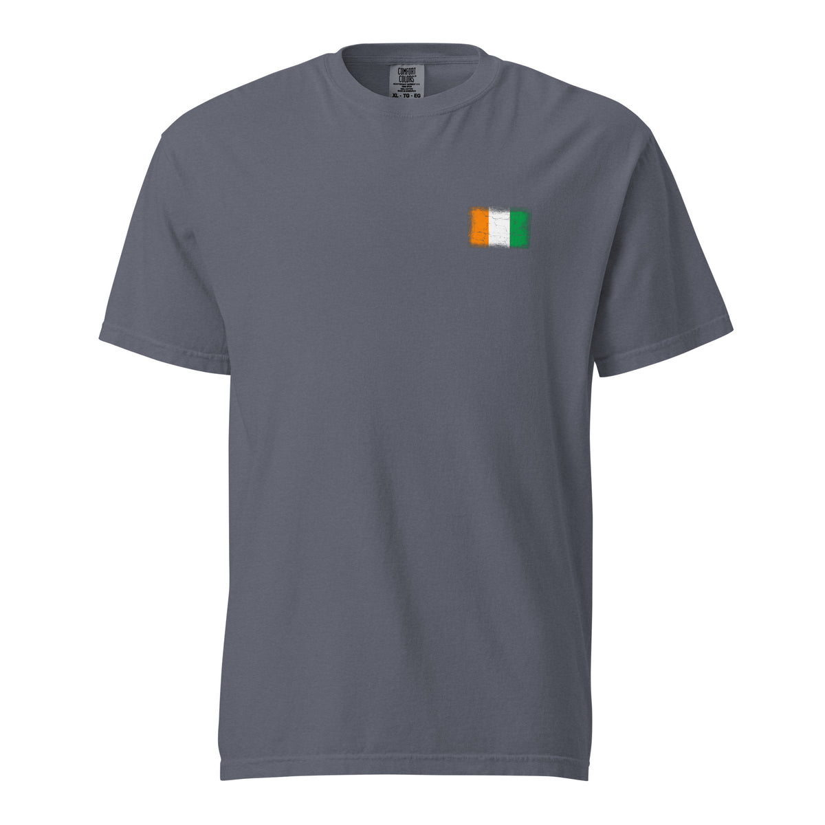 Côte d'Ivoire flag t-shirt in Denim, vintage-washed print, small flag on the left chest, unisex cut, front view